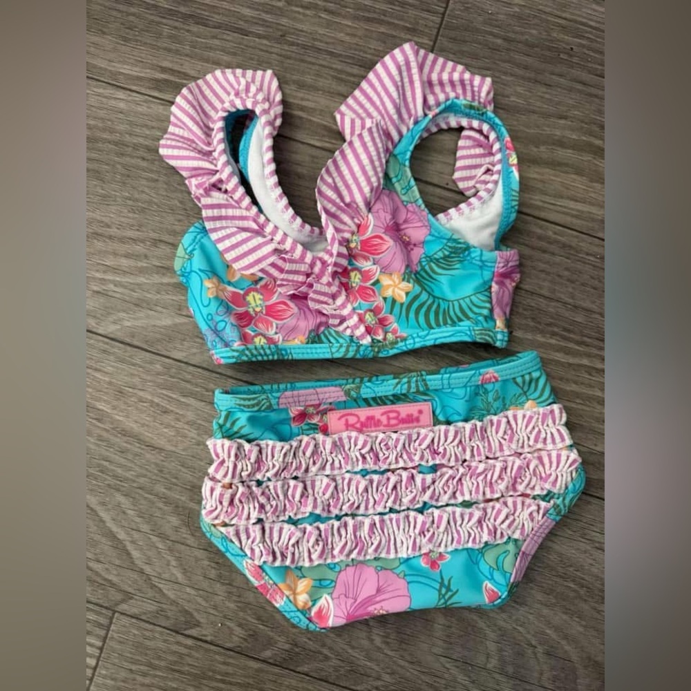 RuffleButts Floral Striped Bikini Set